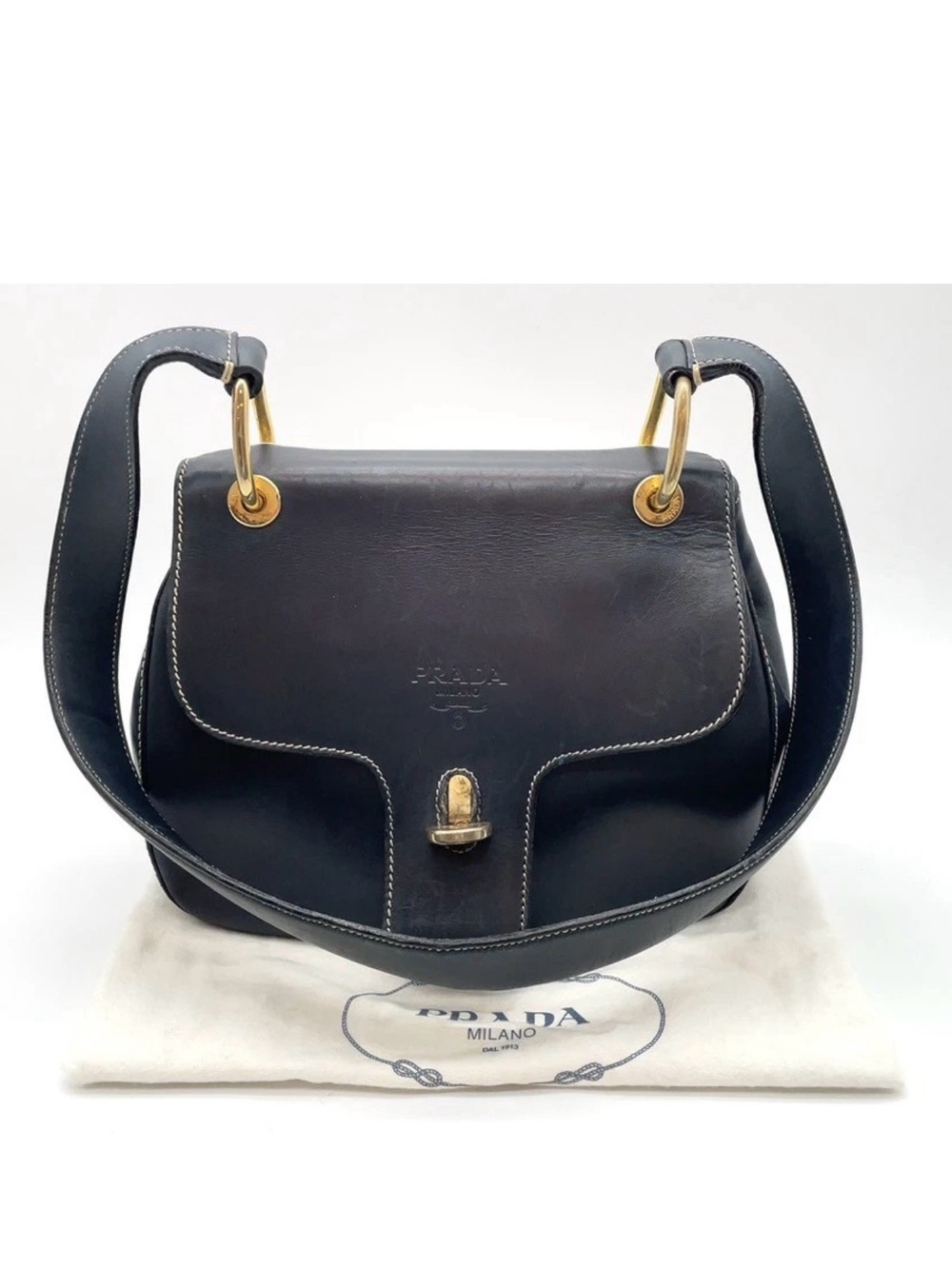 Prada Vintage Gold Hardware Leather Navy Flap Shoulder Bag W/Dustbag COA - Picture 1 of 11